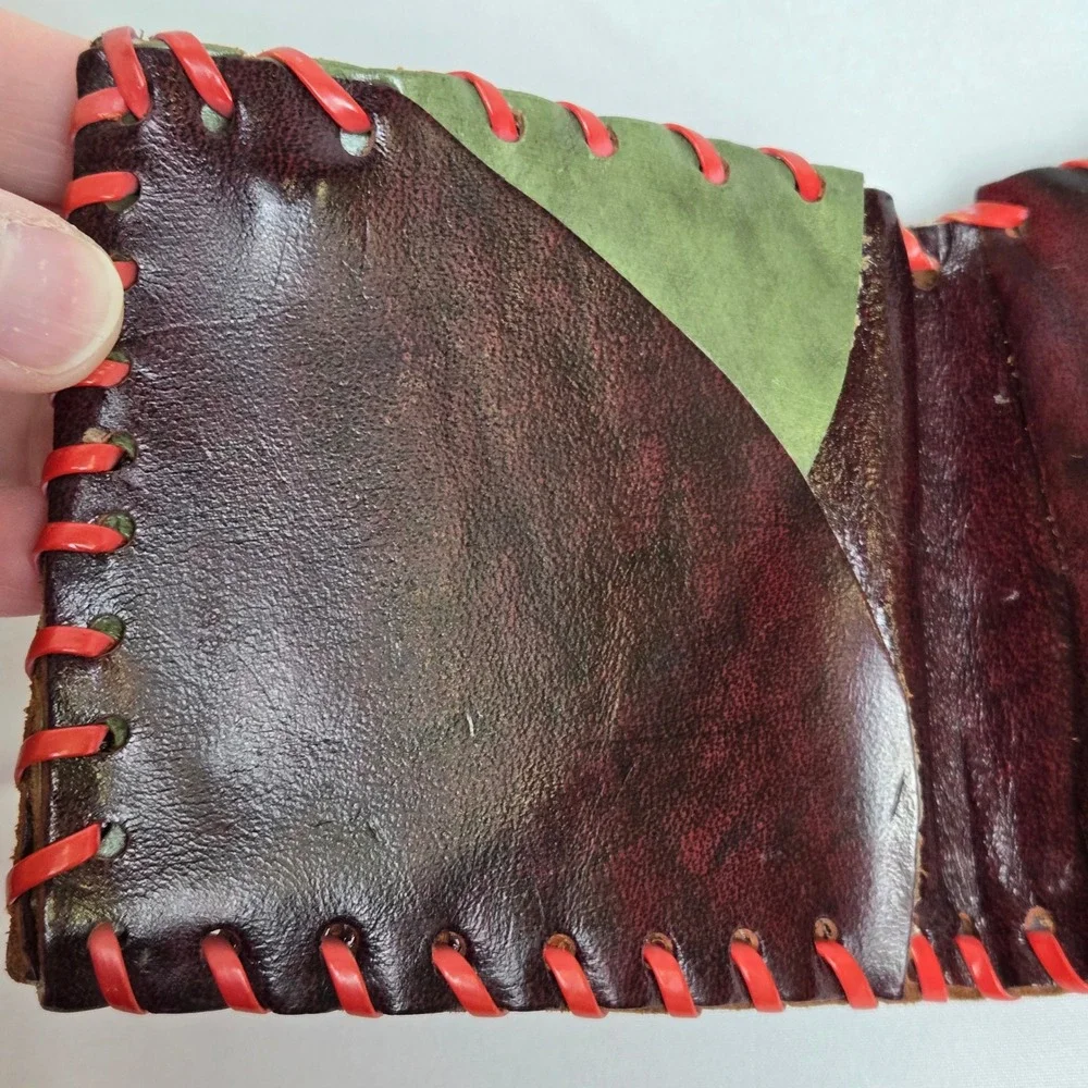 Handmade Bifold Leather Wallet Burgundy Red Contrast Stitching‎ Rustic Primitive